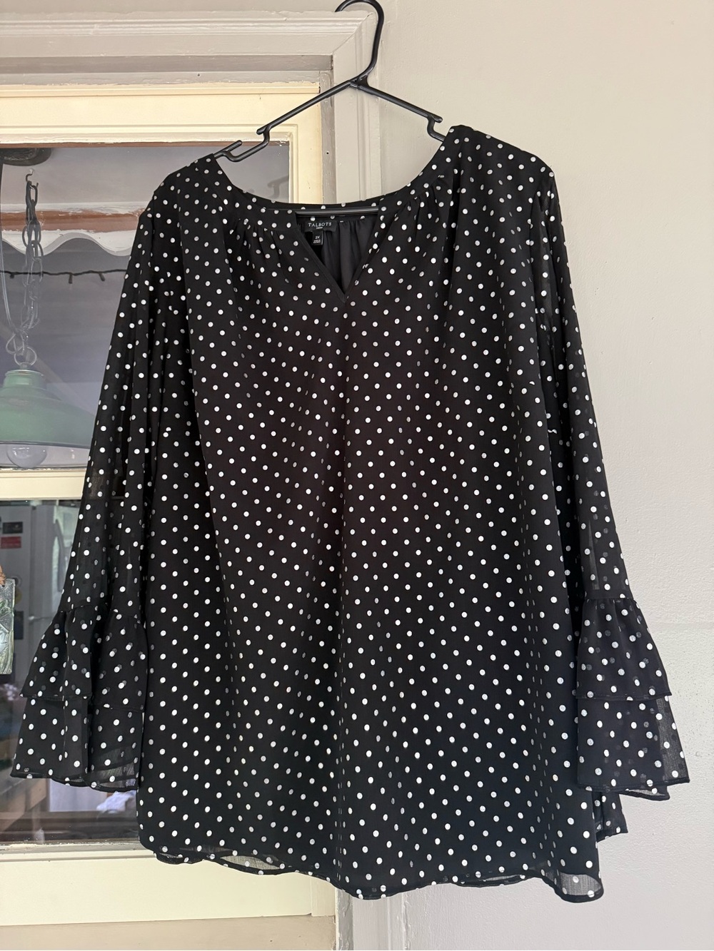 Talbots Black and White Polka Dot V-Neck Tiered Sleeve Blouse